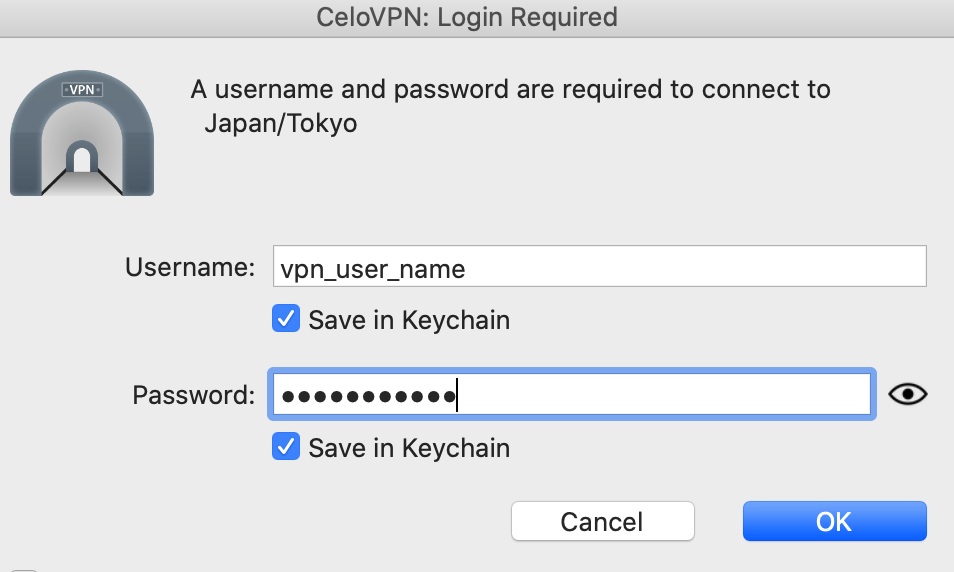 Celo VPN macos username and password