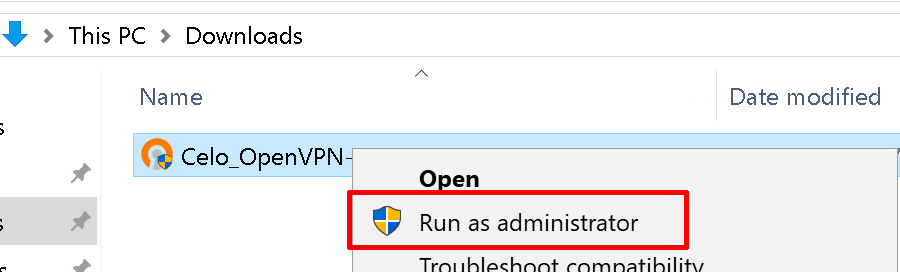 Celo OpenVPN Windows Installer Run as Admin